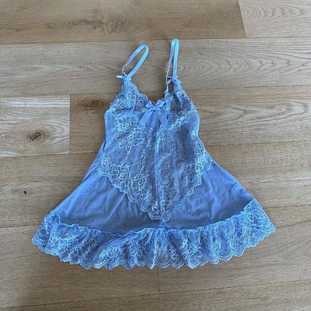 Fashion Nova Sheer Lace Babydoll Slip in Blue